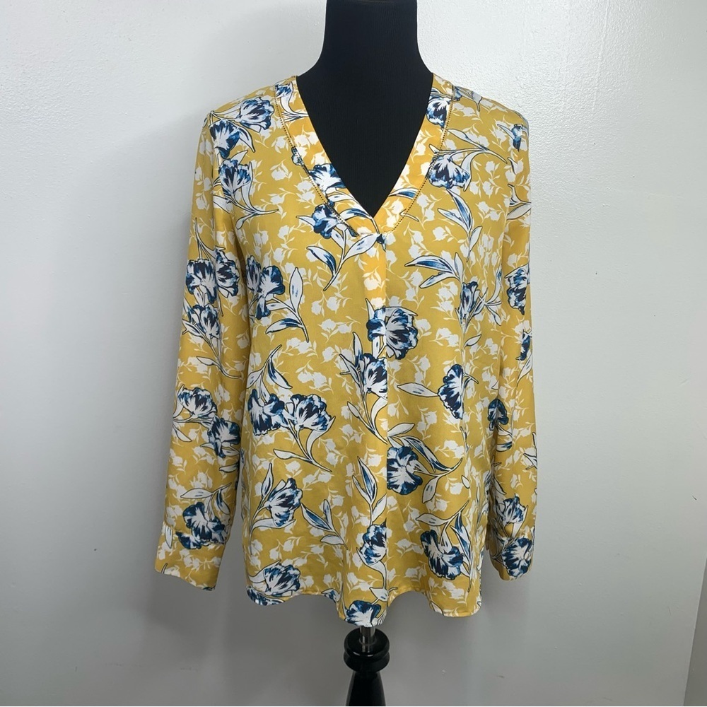 J. Crew Factory V Neck Popover Blouse Yellow Floral‎ Womens Medium